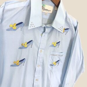 Vintage MiLi Designs Button Shirt Men 16.5 Blue Embroidered High Heels Pride